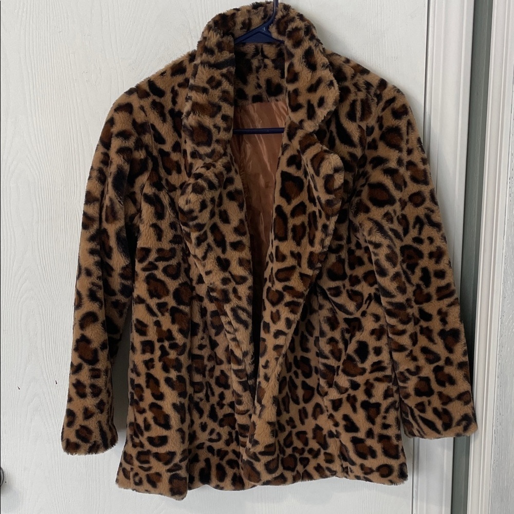 💰Leopard Print Faux Fur Teddy Coat Cropped Open Front Lined Size Small - Picture 1 of 9